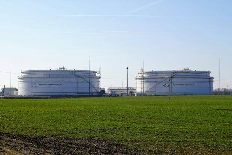 Two large white storage tanks in a field