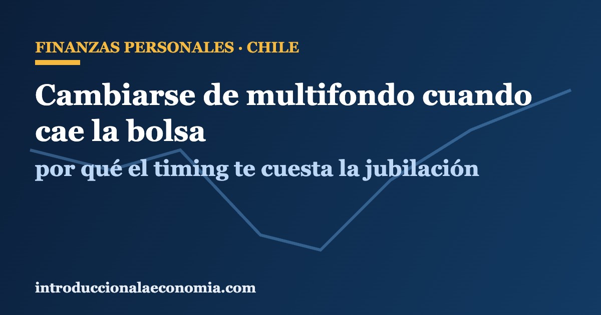 Grafico de una caida y recuperacion bursatil sobre fondo azul, ilustrando el riesgo de cambiarse de multifondo AFP